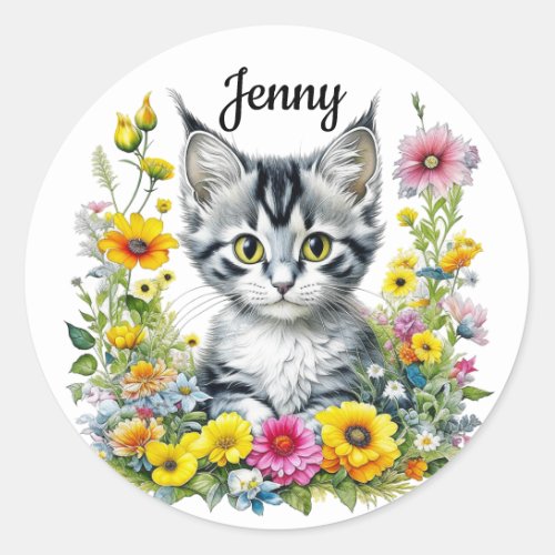 Cute Kitten Surrounded by Flowers Personalized Classic Round Sticker