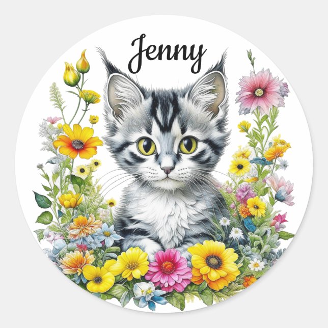 Cute Kitten Surrounded by Flowers Personalized Classic Round Sticker (Front)