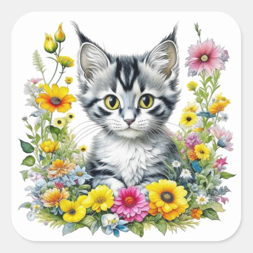 Cute Kitten Surrounded by Flowers  Square Sticker
