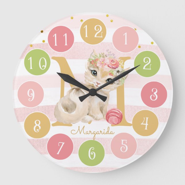 Cute Kitten Sweet Monogram Colorful  Large Clock (Front)