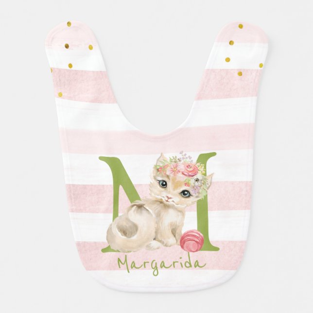 Cute Kitten Sweet Monogram Pink Girly Baby Bib (Front)