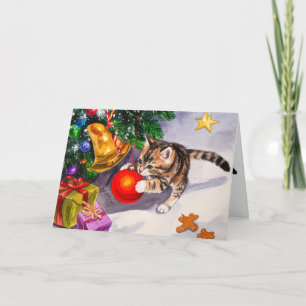 Cute Kitten Swinging On Christmas Tree Ornaments Holiday Card