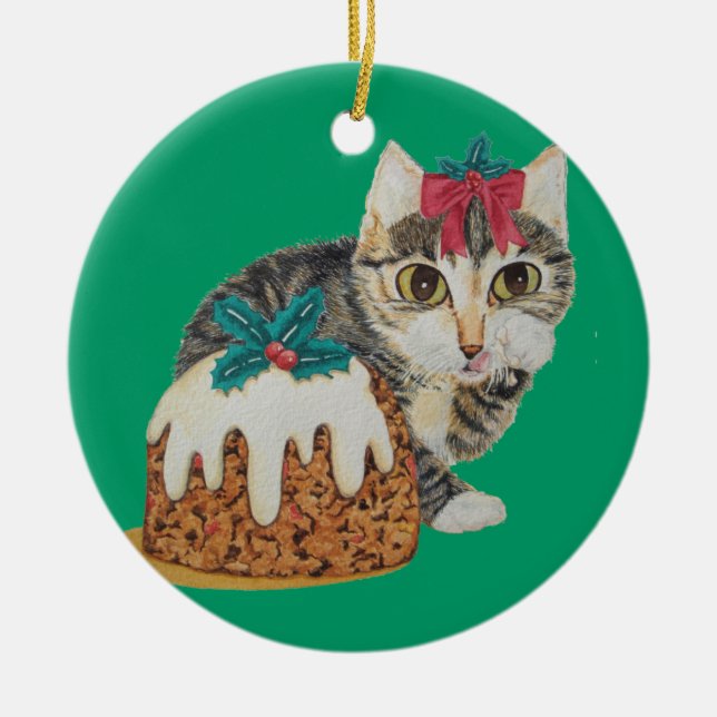 cute kitten tabby cat eating pudding at christmas ceramic ornament (Front)