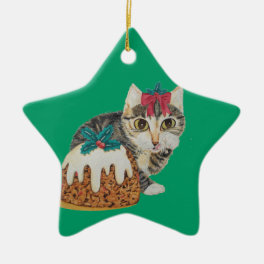 cute kitten tabby cat eating pudding at christmas ceramic ornament