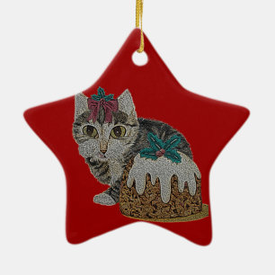 cute kitten tabby cat eating pudding at christmas ceramic ornament