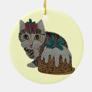 cute kitten tabby cat eating pudding at christmas ceramic ornament