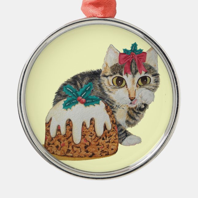 cute kitten tabby cat eating pudding at christmas metal ornament (Front)