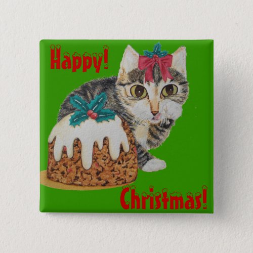 cute kitten tabby cat eating pudding for christmas button