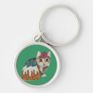 cute kitten tabby cat eating pudding for christmas keychain