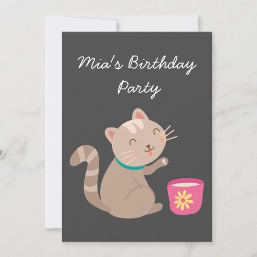 Cute kitten teacup girls birthday tea party invitation