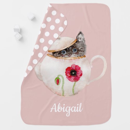 Cute Kitten Teapot Pink White Polka Dot Baby Blanket