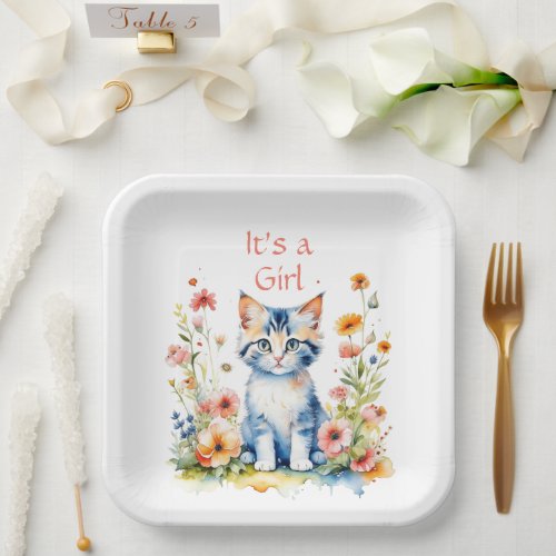 Cute Kitten Themed Girls Baby Shower Paper Plates