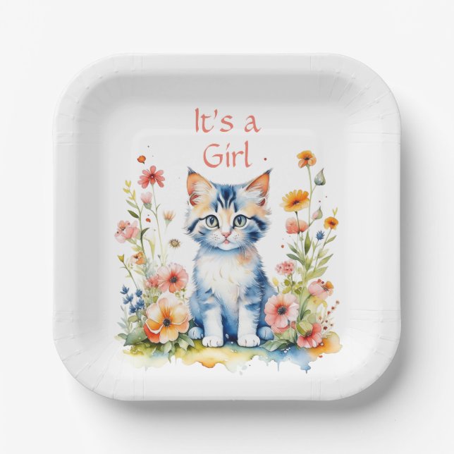 Cute Kitten Themed Girl's Baby Shower Paper Plates (Front)