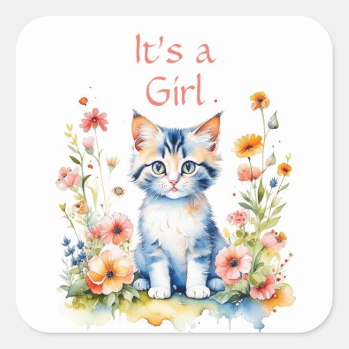Cute Kitten Themed Its a Girl Baby Shower Square Sticker
