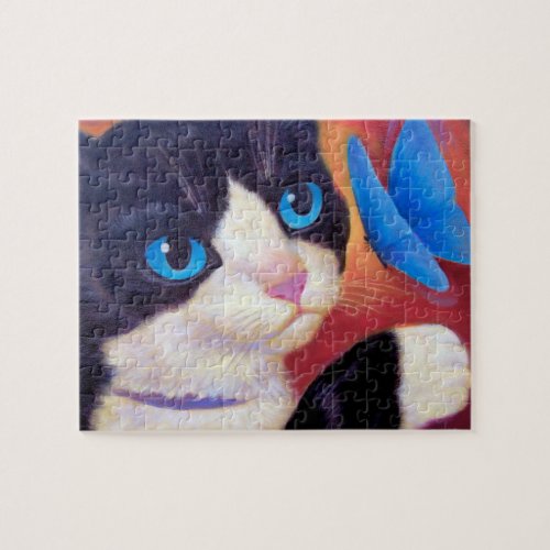 Cute Kitten Tuxedo Cat Playing With Butterfly Art Jigsaw Puzzle