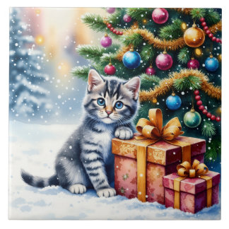 Cute Kitten Under Christmas Tree Ceramic Tile