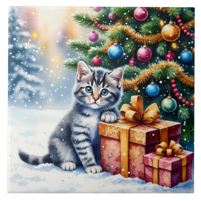 Cute Kitten Under Christmas Tree Ceramic Tile (Front)