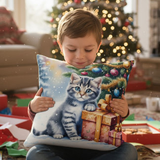 Cute Kitten Under Christmas Tree Throw Pillow