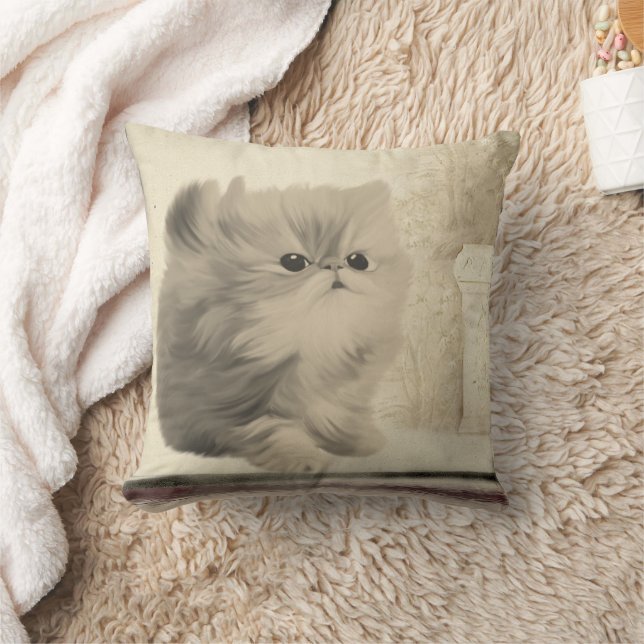 Cute Kitten Vintage Art Throw Pillow (Blanket)