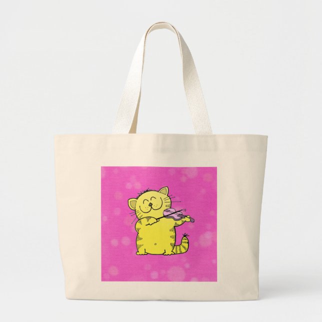 Cute Kitten Violinist Large Tote Bag (Front)