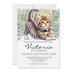 Cute Kitten Watercolor Greenery Birthday Party Invitation
