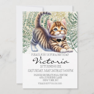 Cute Kitten Watercolor Greenery Birthday Party Invitation