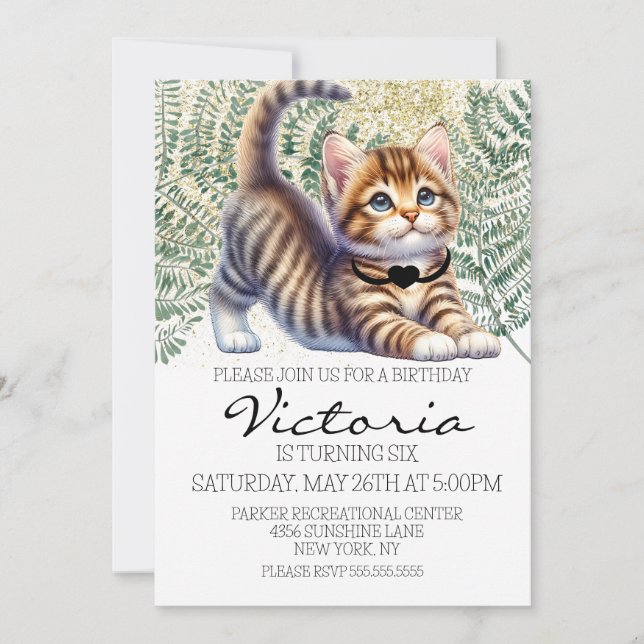 Cute Kitten Watercolor Greenery Birthday Party Invitation (Front)
