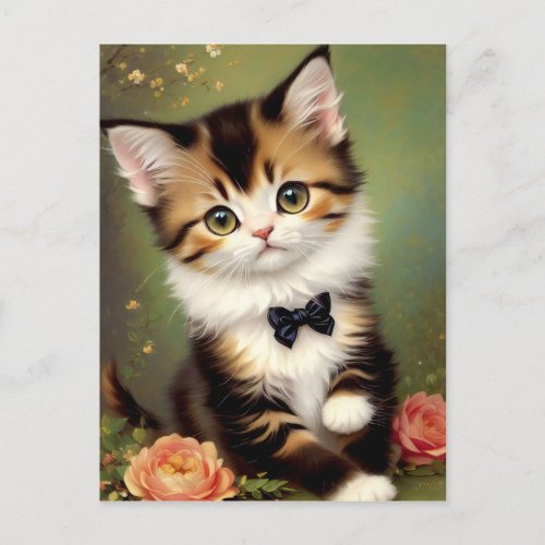 Cute Kitten Wearing a Bow Vintage Oil Painting  Postcard
