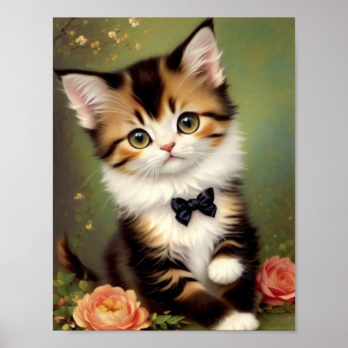 Cute Kitten Wearing a Bow Vintage Oil Painting  Poster