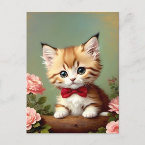 Cute Kitten Wearing a Red Bow Oil Painting Postcard
