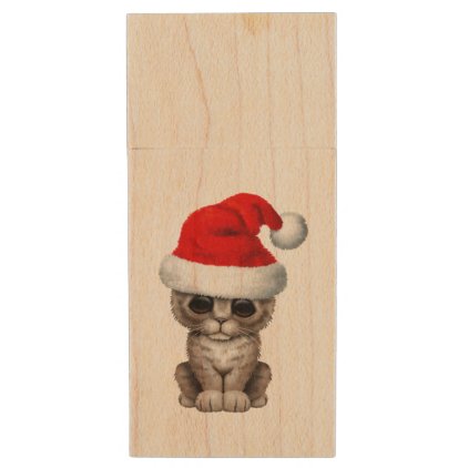 Cute Kitten Wearing a Santa Hat Wood Flash Drive