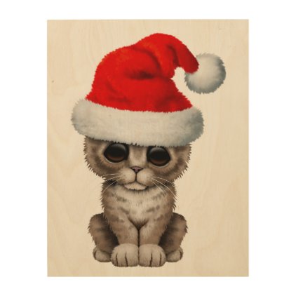 Cute Kitten Wearing a Santa Hat Wood Wall Art