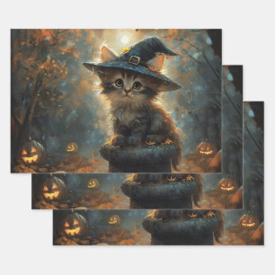 Cute Kitten Wearing a Witch Hat Decoupage Wrapping Paper Sheets