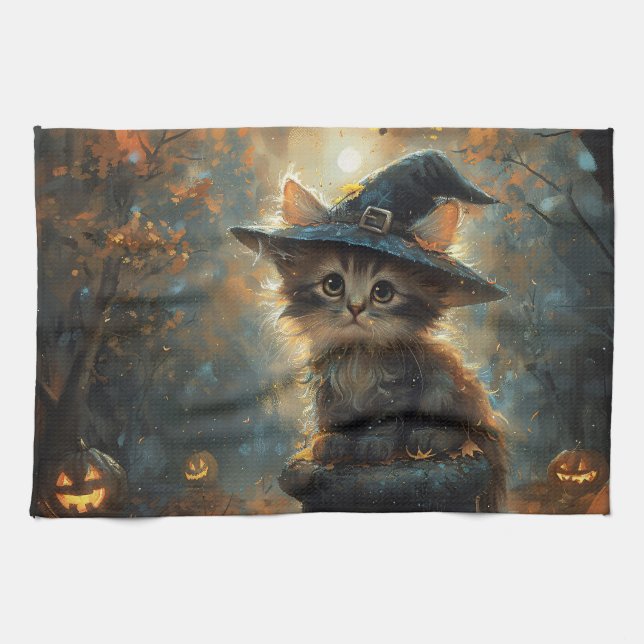 Cute Kitten Wearing a Witch Hat Kitchen Towel (Horizontal)
