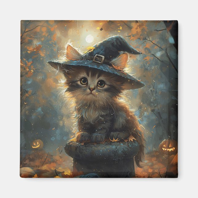 Cute Kitten Wearing a Witch Hat Magnet (Front)