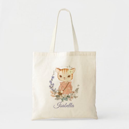 Cute Kitten Wearing Dress  Purse _ Floral Wreath Tote Bag