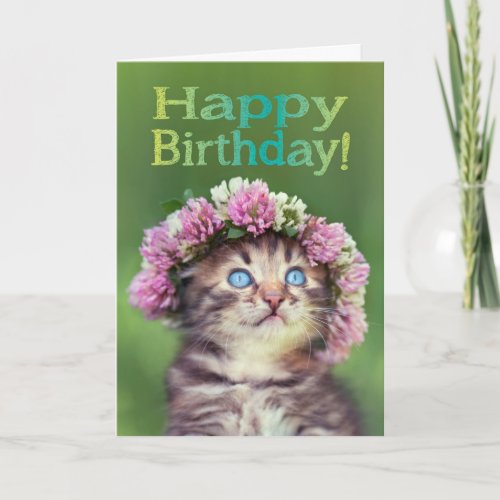 Cute Kitten Wearing Flowers on Her Head Birthday Card