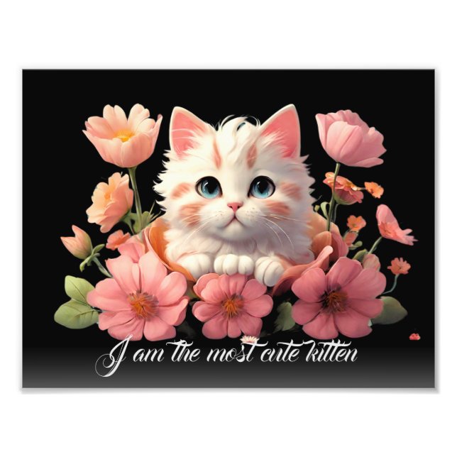 Cute Kitten White Cat in Flower Black Personalised Photo Print (Front)