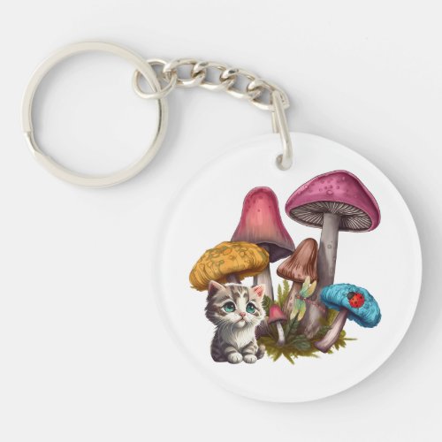 Cute Kitten with Abstract Mushrooms Illustration  Keychain