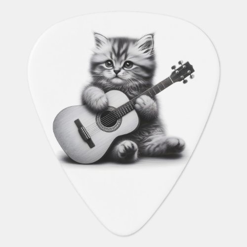 Cute Kitten with Acoustic Guitar Pencil Portrait Guitar Pick