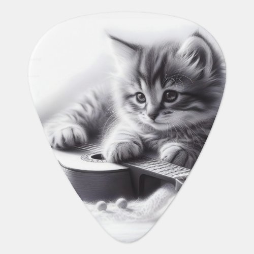 Cute Kitten with Acoustic Guitar Pencil Portrait Guitar Pick