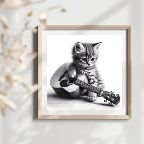 Cute Kitten with Acoustic Guitar Pencil Portrait  Poster