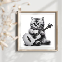 Cute Kitten with Acoustic Guitar Pencil Portrait