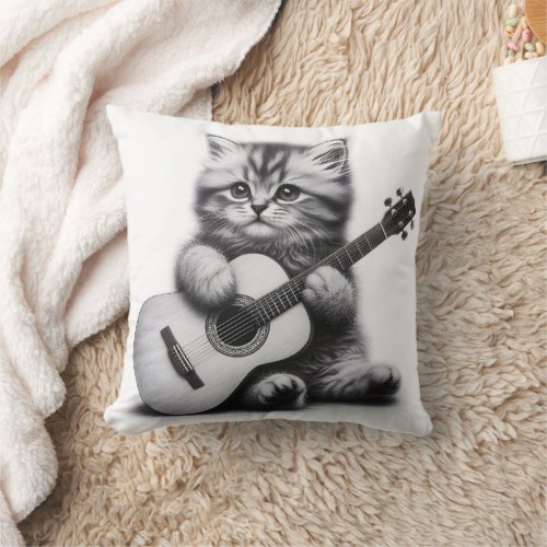 Cute Kitten with Acoustic Guitar Pencil Portrait  Throw Pillow