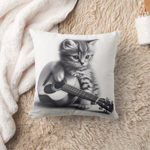 Cute Kitten with Acoustic Guitar Pencil Portrait  Throw Pillow