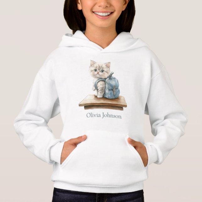Cute Kitten with Backpack Personalized Girls' Hoodie (Front)