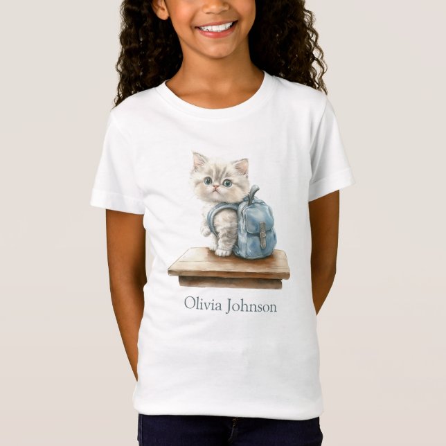 Cute Kitten with Backpack Personalized Kid T-Shirt (Front)