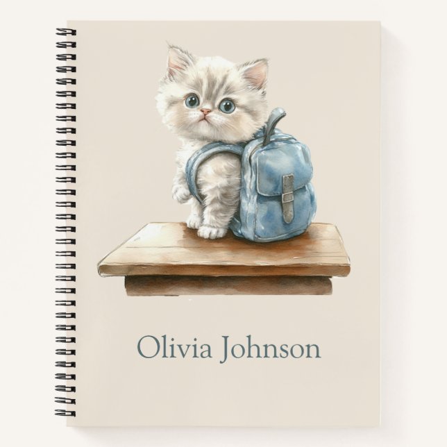 Cute Kitten with Backpack Personalized Notebook (Front)