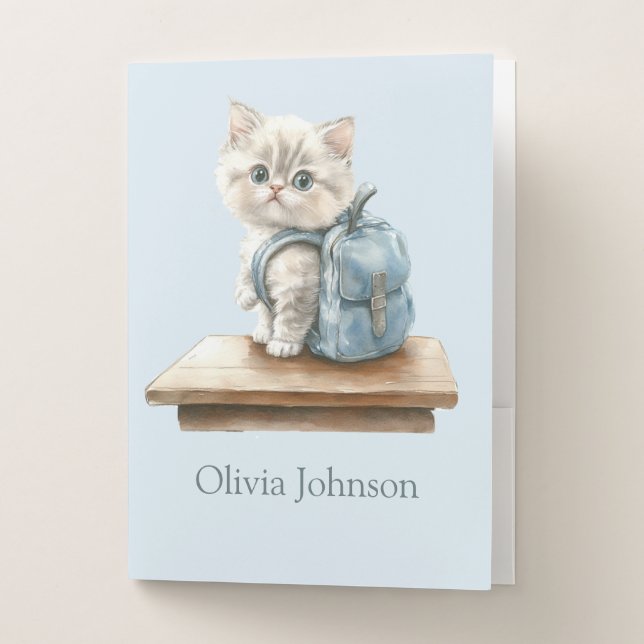 Cute Kitten with Backpack Personalized Pocket Folder (Front)