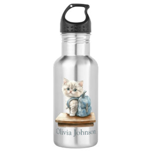 Cute Kitten with Backpack Personalized Stainless Steel Water Bottle